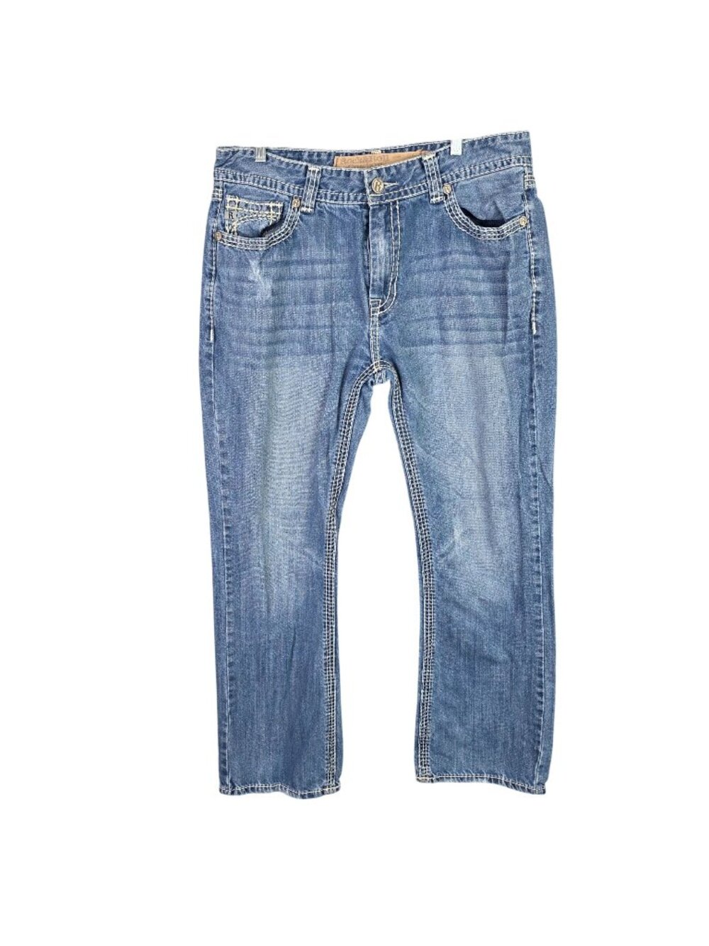 Mens Rock & Roll Cowboy Distressed Blue Denim Jeans Straight Fit Size 36X32